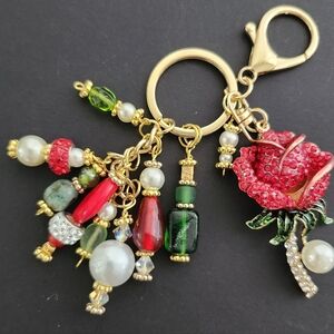 Rhinestone Rose Purse Charm or Keychain Glass Rondels Handcrafted
